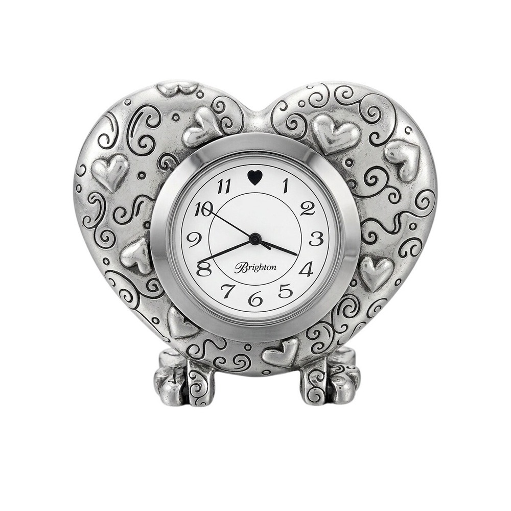 Brighton Silver Heart Desk Clock Scrollwork Stand Analog Travel Timepiece Retro